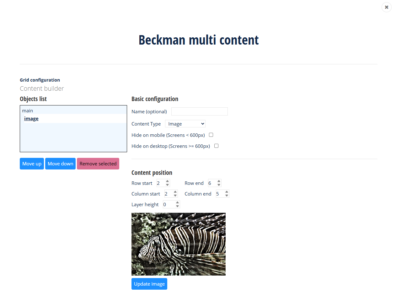 Beckman multi content grid admin with image, row, and column postion set.
