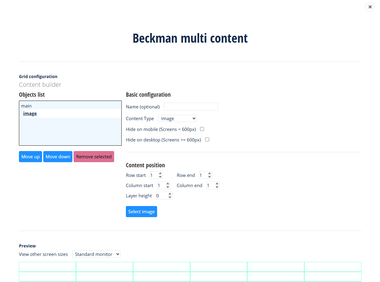 Beckman multi content widget admin with image as content of main grid