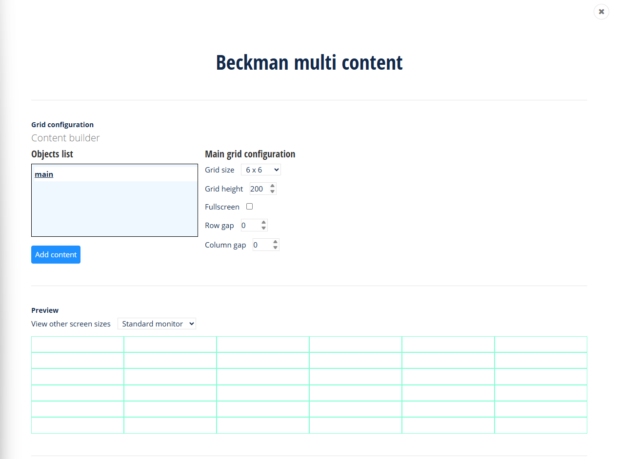 Beckman multi content widget grid configuration screen