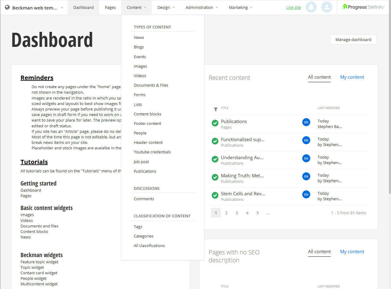 Content menu of admin screen showing publications option