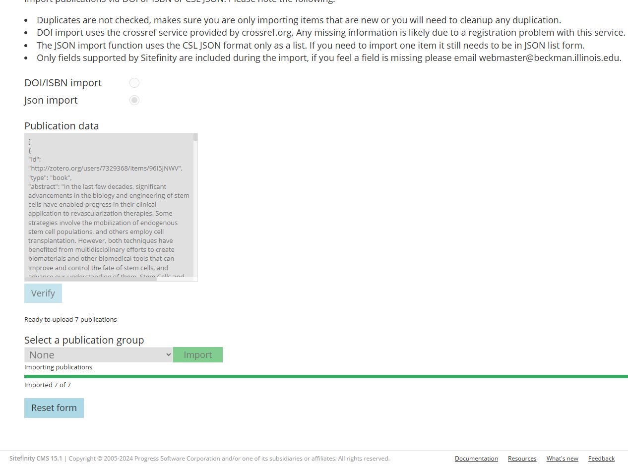 Publications import CSL JSON successfully imported with reset button.
