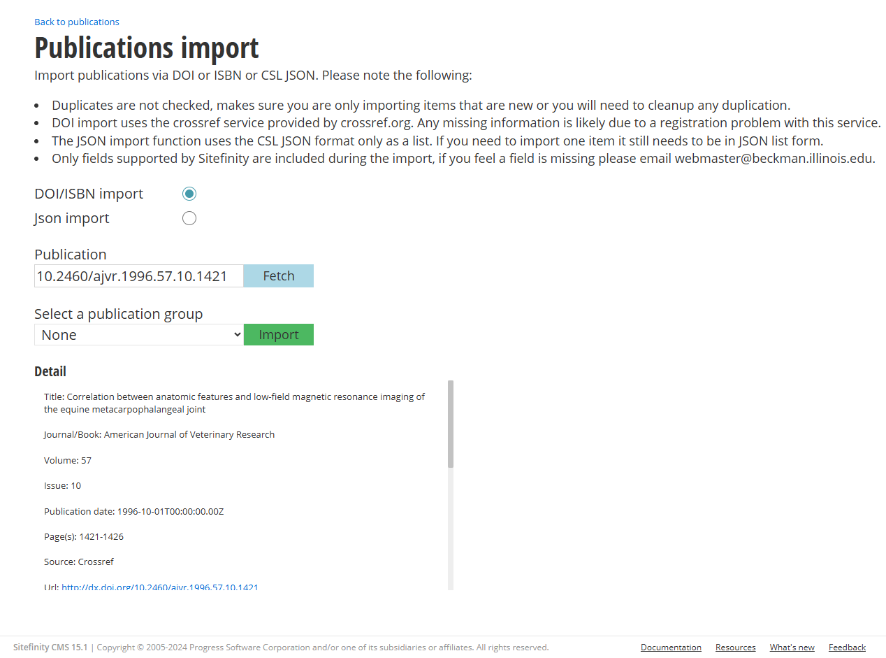 Publications DOI/ISBN import screen after using fetch action