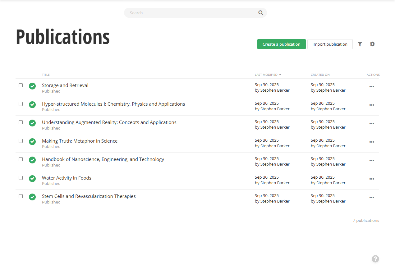 Publications admin showing create publication and import publication buttons