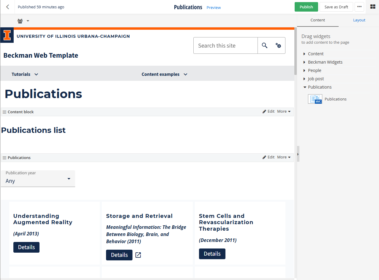 Page admin showing the publications widget in the content panel