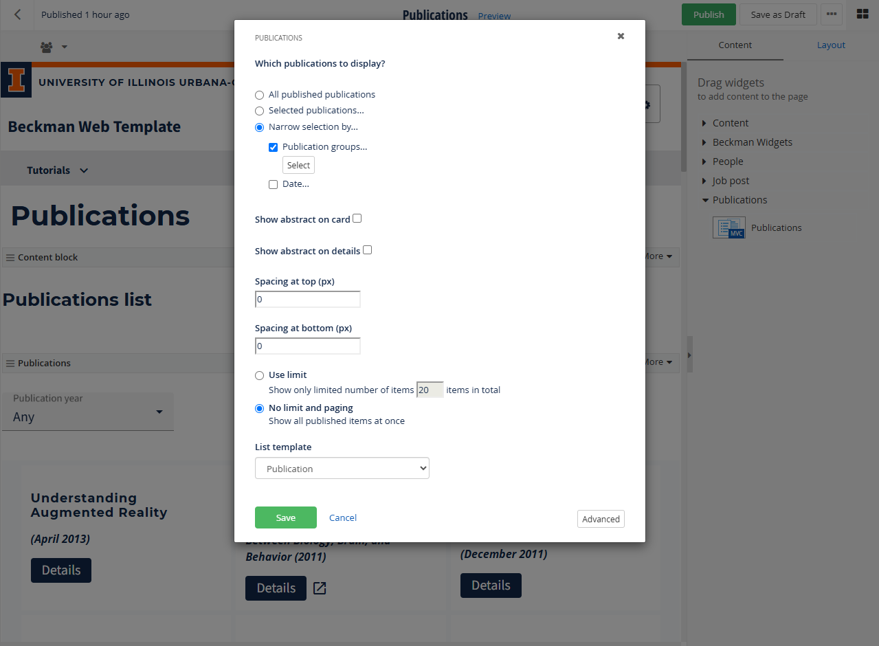 Publications page edit showing publications groups selected and the select button