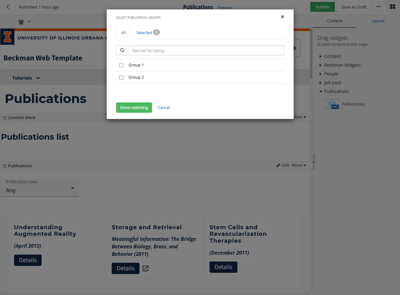 Publications page widget edit select groups