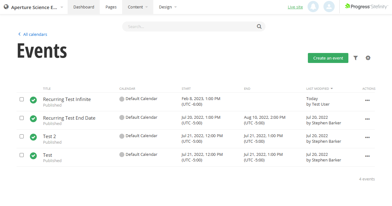 Events main admin screen