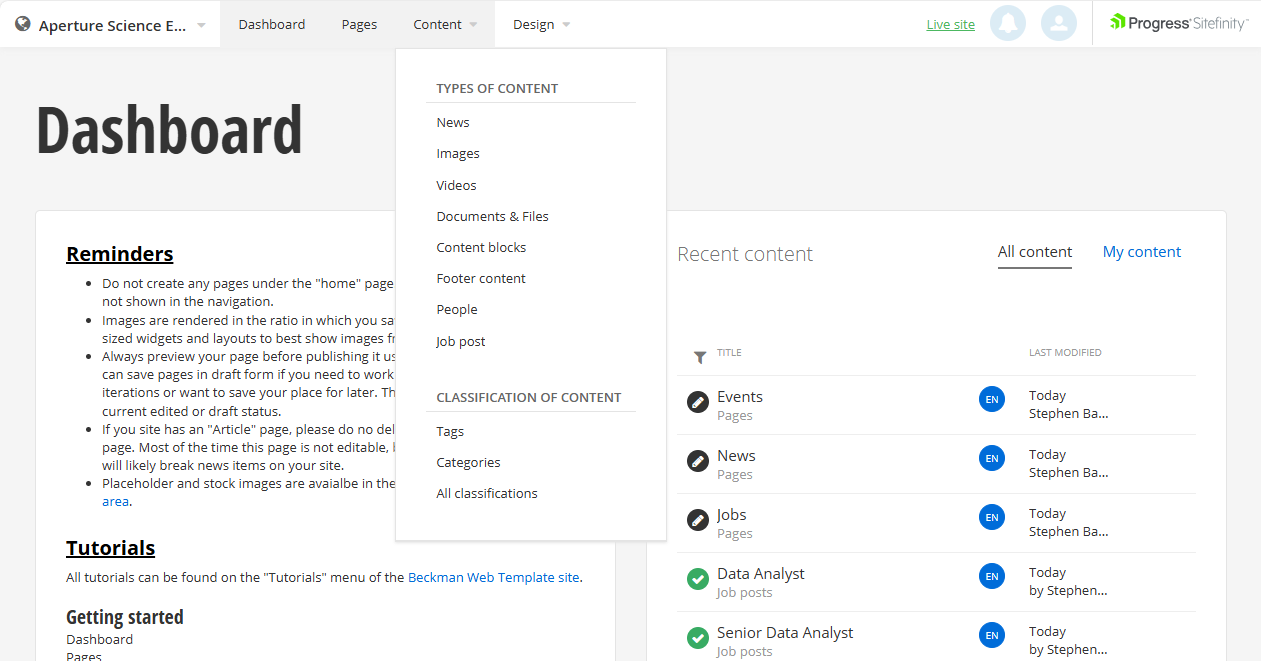 Sitefintt content menu open