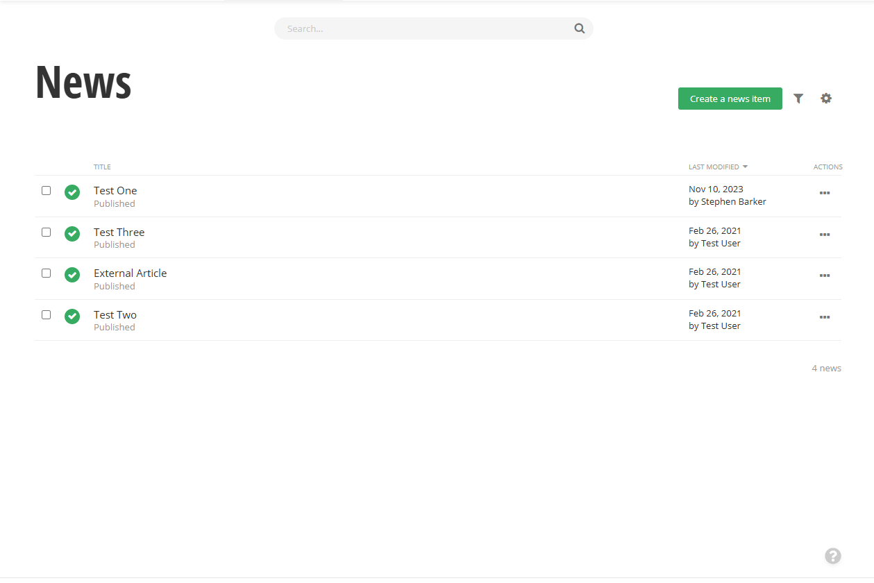 News item main screen showing create button