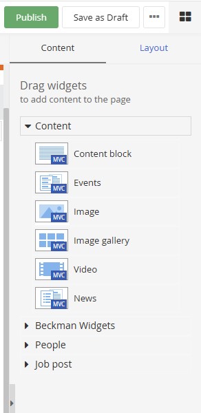 Page editor widgets menu