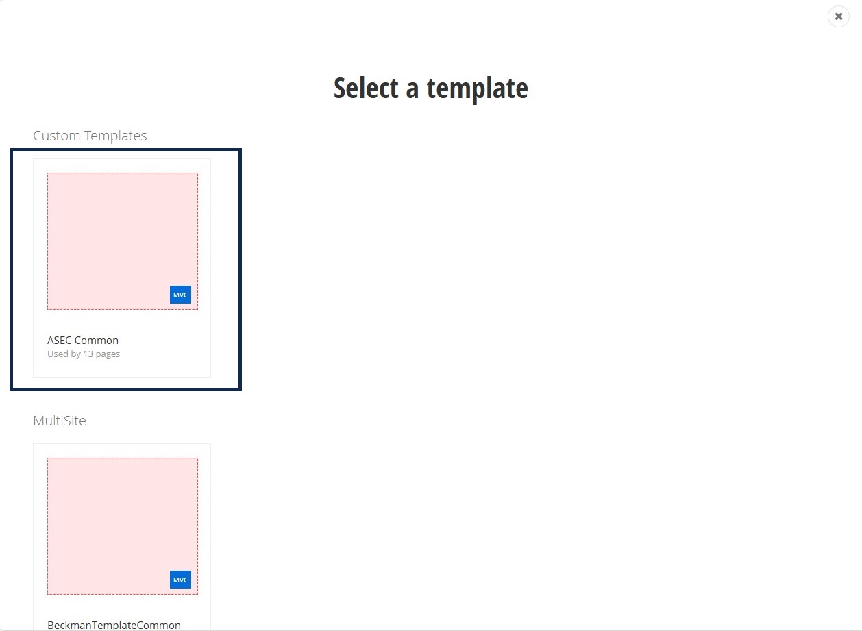 Page create screen select page template