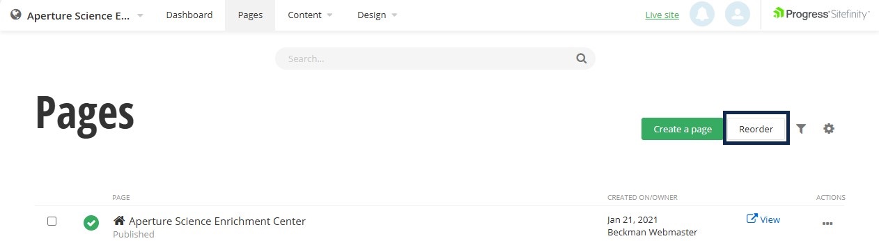 Page menu highlighting the Reorder button