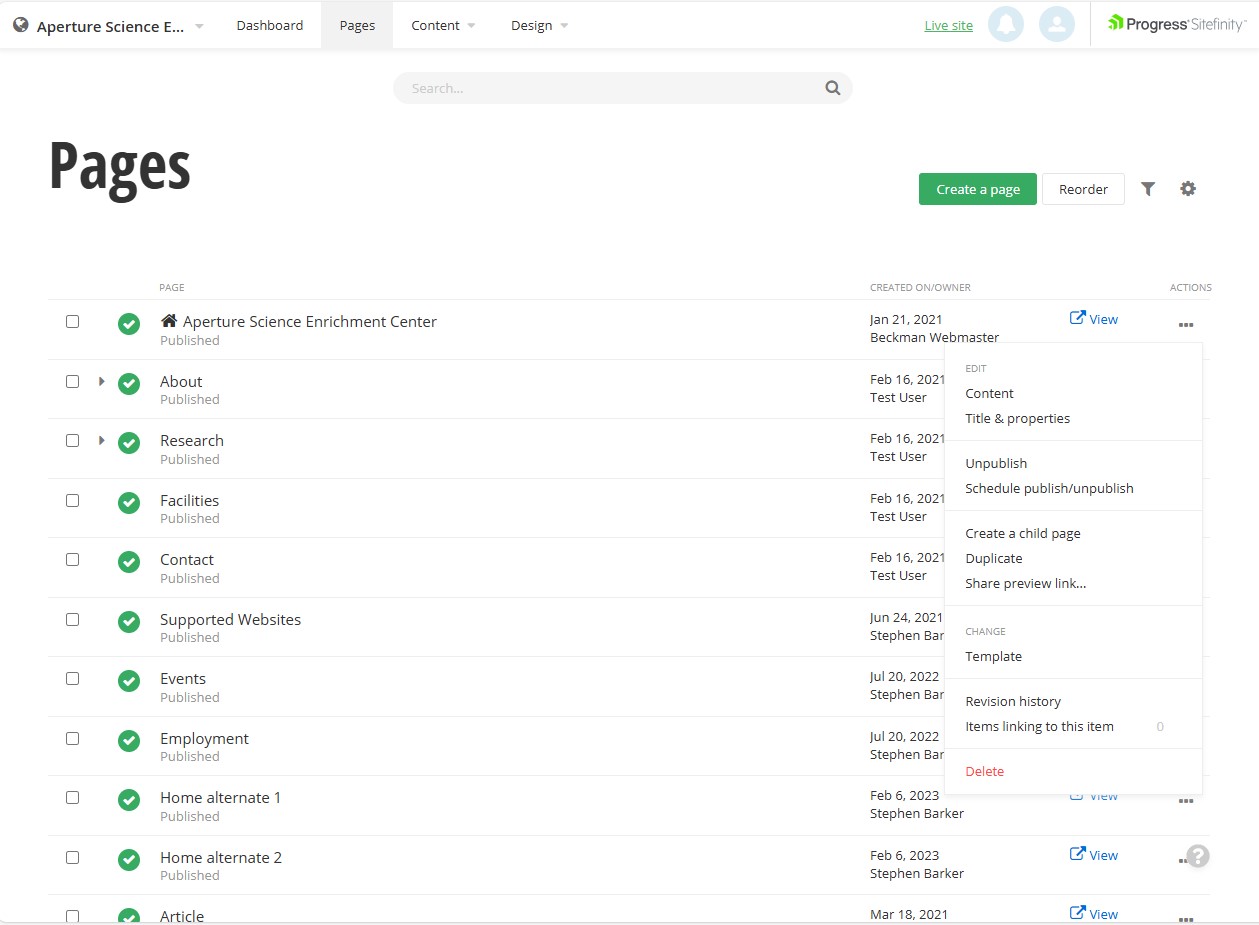 Page meny with a single page context menu open