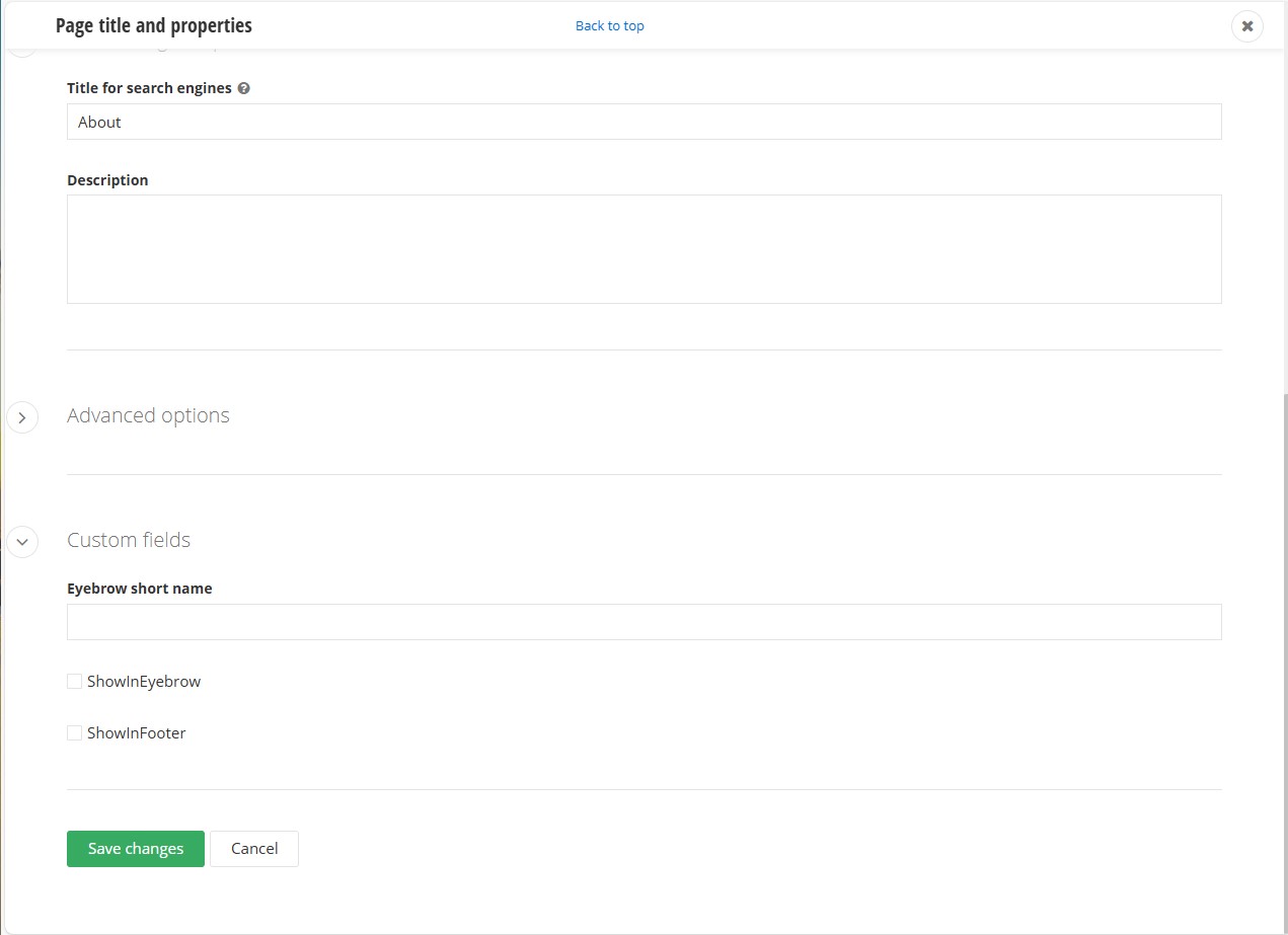 Page modal showing show in footer/header options
