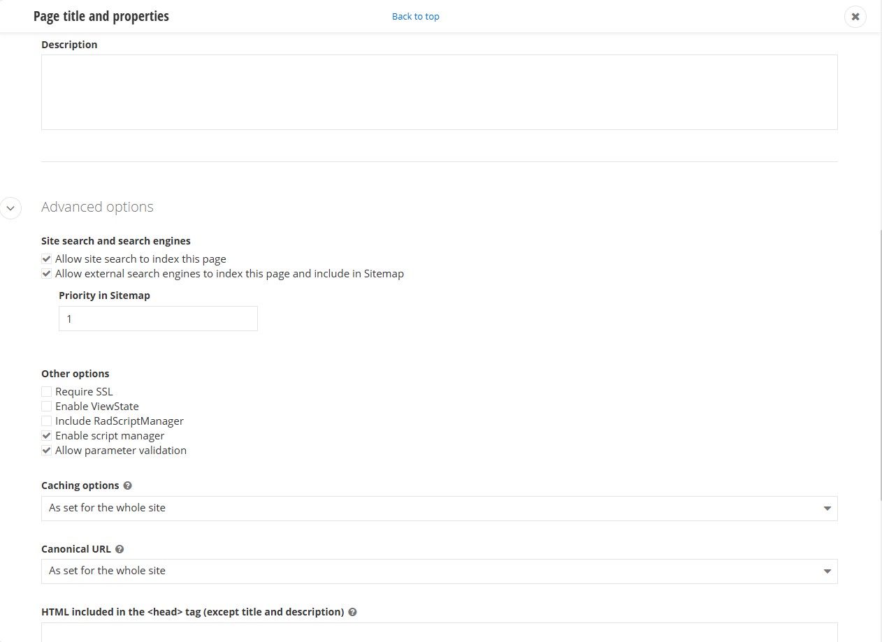 Page showing search settings